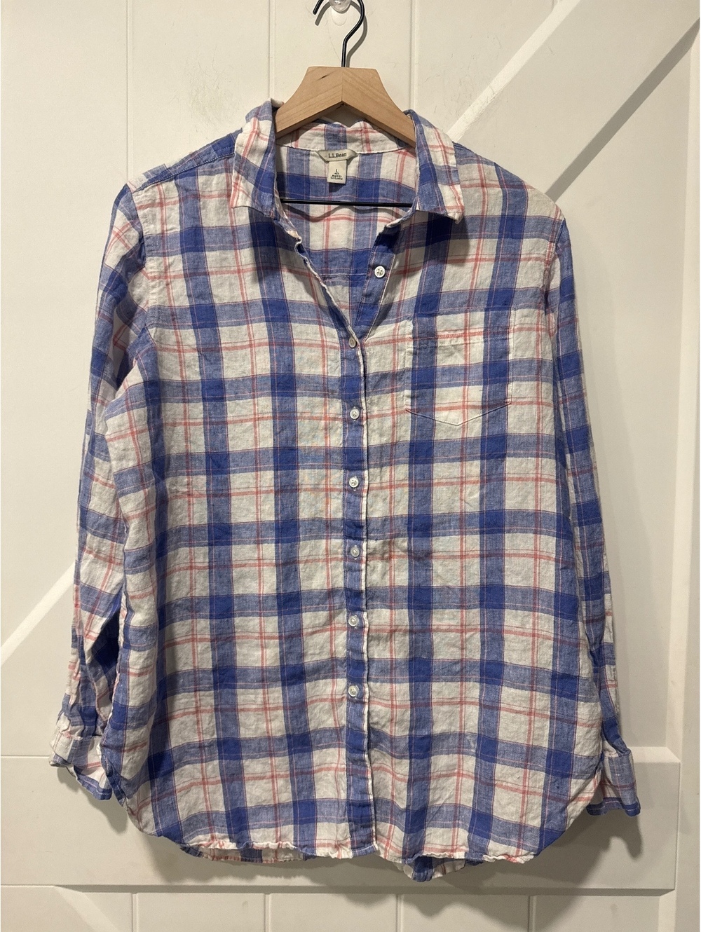 L.L.Bean 100% Linen Blue, White & Pink Plaid Button-Up Shirt,  Large